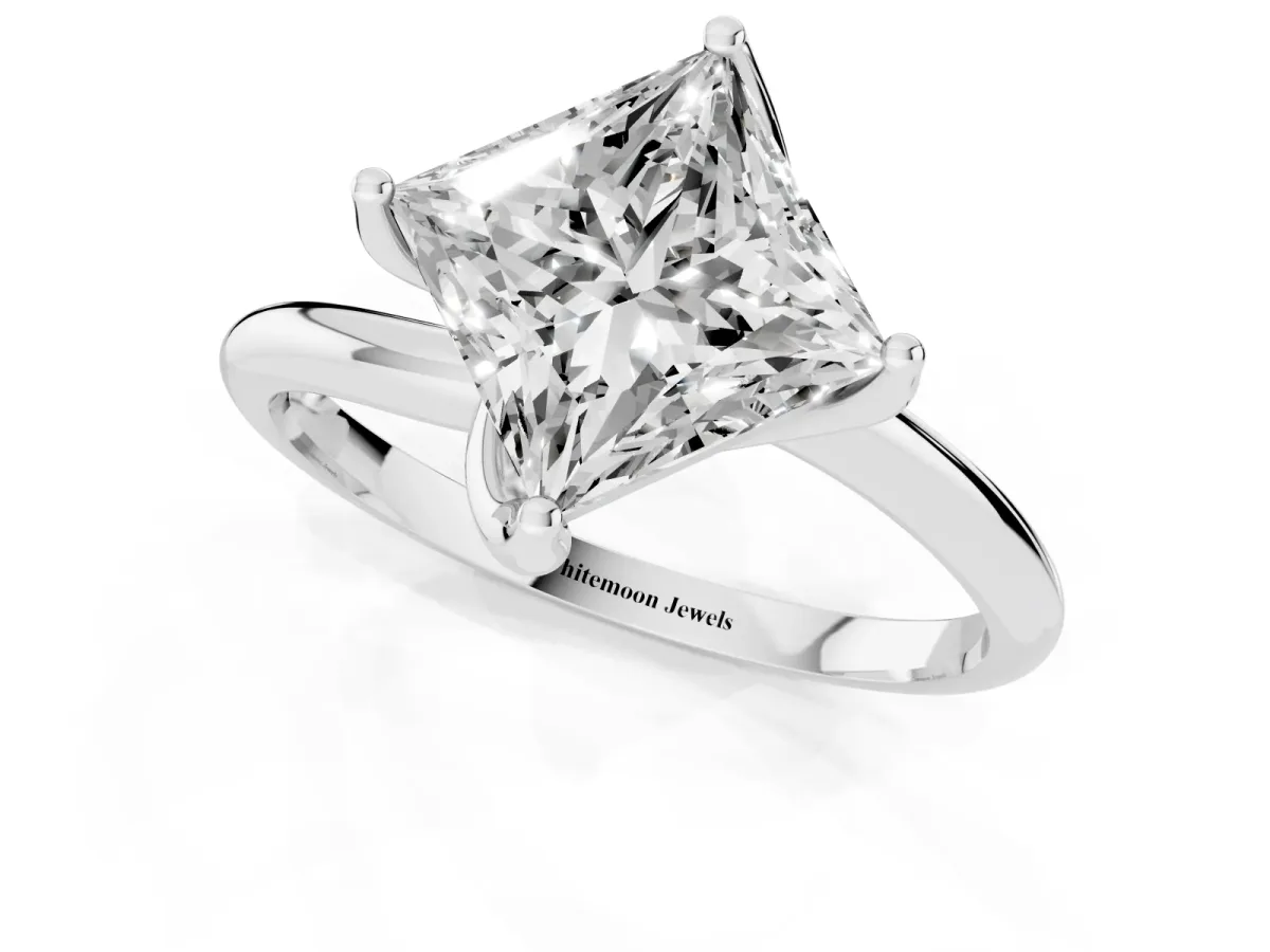 Princess Cut Diamond Solitaire Engagement Ring with Four-Prong Setting and Classic Band White gold