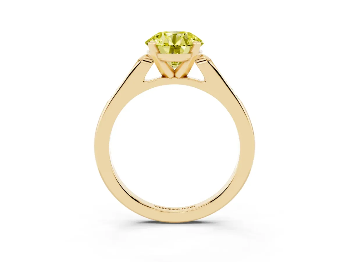 Fancy Yellow Round Cut Diamond Solitaire Ring with Channel Set Round Band and Prong Setting Yellow gold
