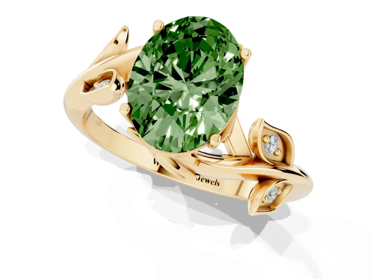 Fancy Green Oval Cut Solitaire Twist Engagement Ring with Leaf Accents and Prong Setting Yellow gold