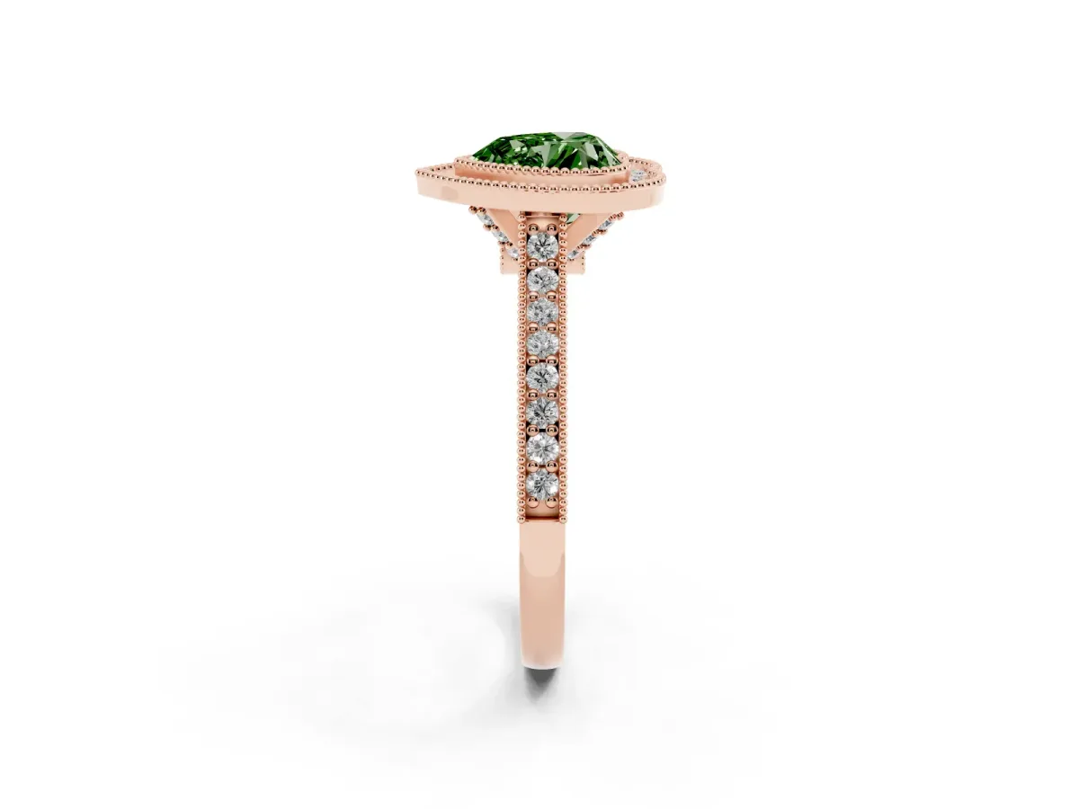 Fancy Green Halo Heart Cut-Cut Diamond Pave Band Milgrain Prong Setting Ring Rose gold