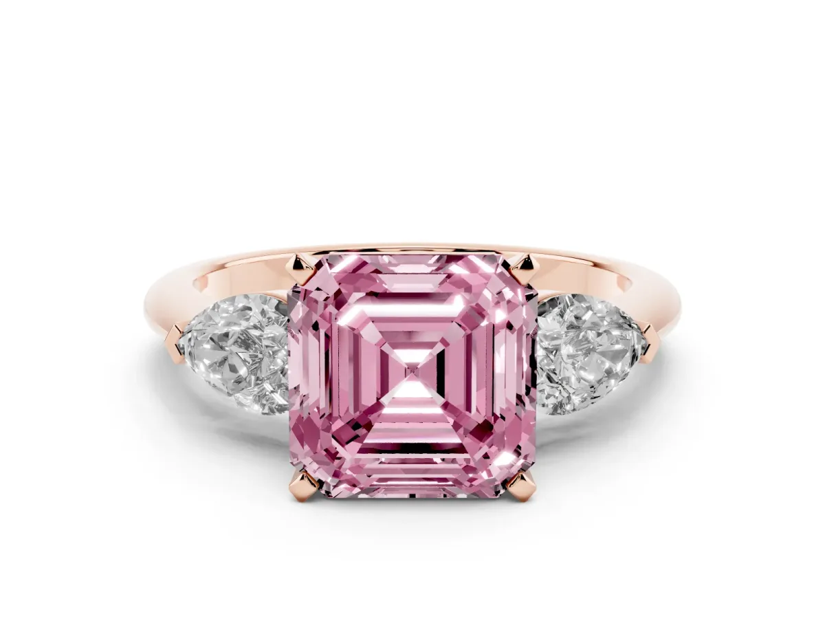 Fancy Pink Three-Stone Asscher Cut Diamond Ring with Pear Side Stones and Four-Prong Setting Rose gold