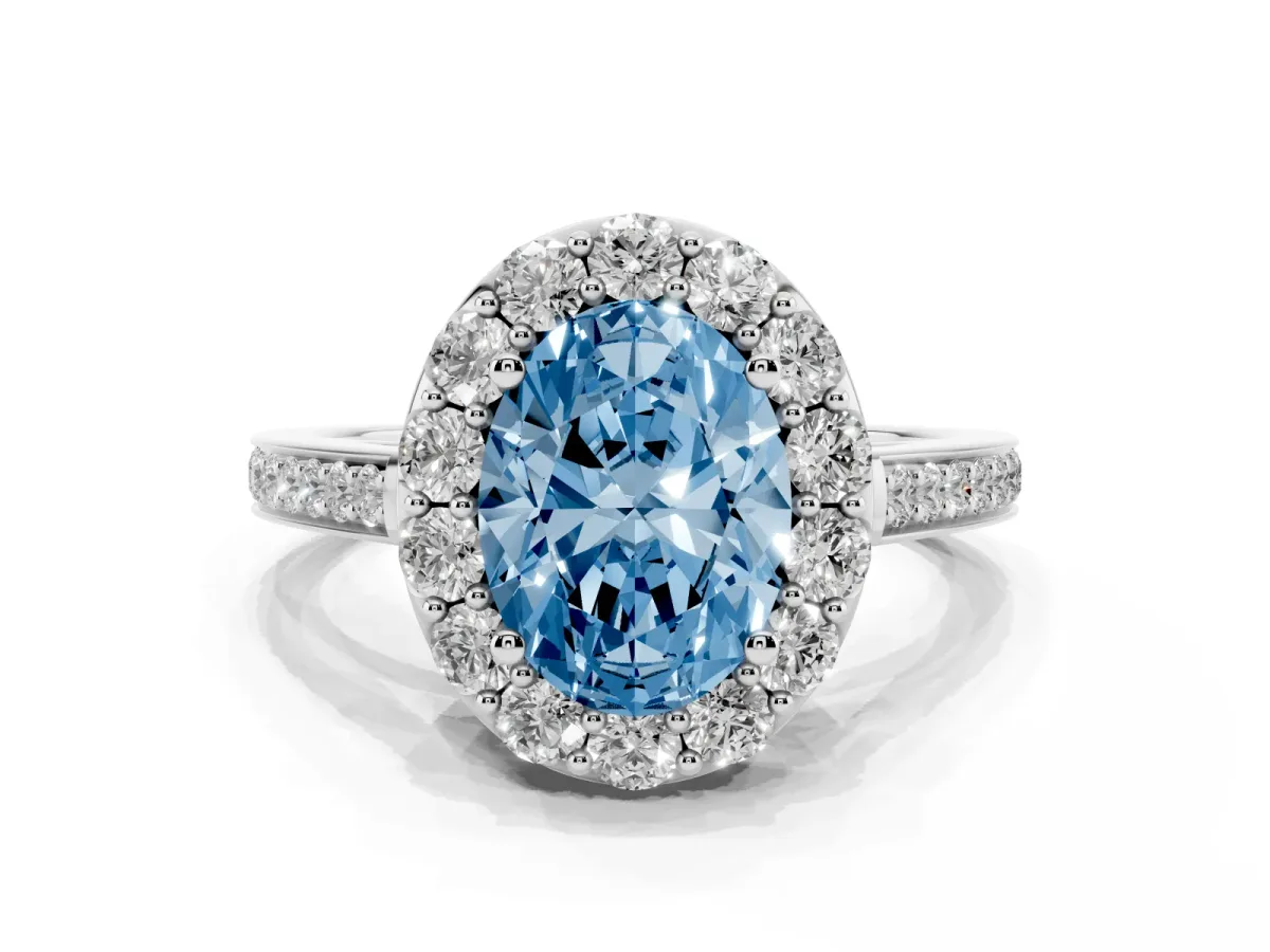 Fancy Blue Oval Cut Diamond Floral Halo Ring with Pavé Band and Prong Setting Silver