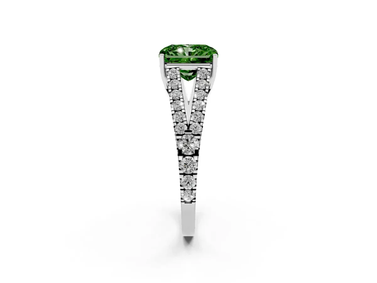 Fancy Green Radiant Cut Diamond Split Shank Pavé Engagement Ring with Four-Prong Setting Platinum