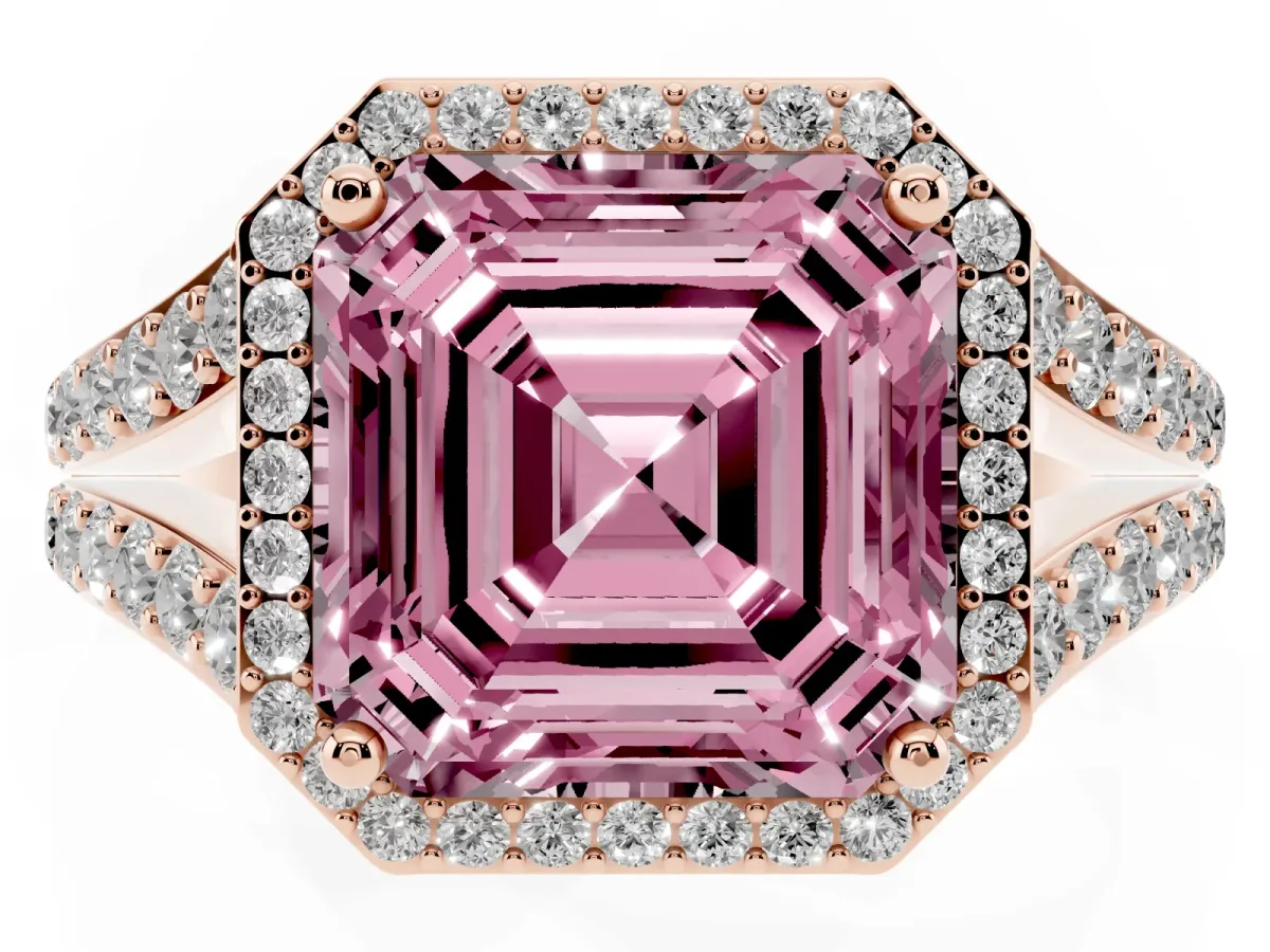 Fancy Pink Asscher Cut Diamond Split Shank Halo Ring with Four-Prong Setting Rose gold