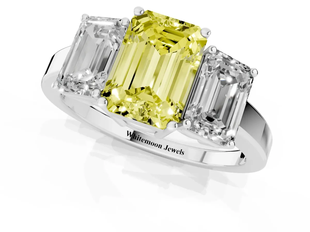Fancy Yellow Three-Stone Emerald Cut Cut Diamond Engagement Ring with Flat Band and Four-Prong Setting Silver