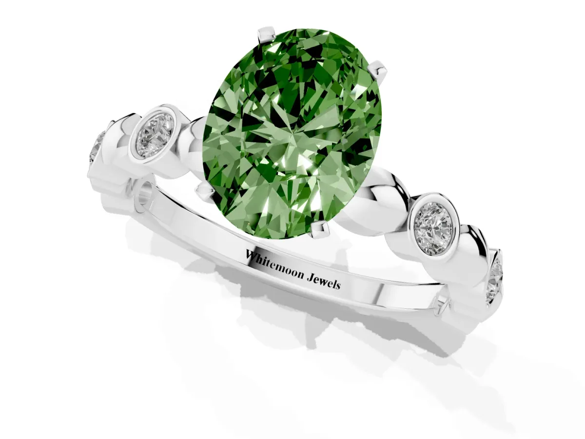 Fancy Green Oval Cut Solitaire Bezel-Set Diamond Ring with Beaded Band and Four-Prong Setting Silver