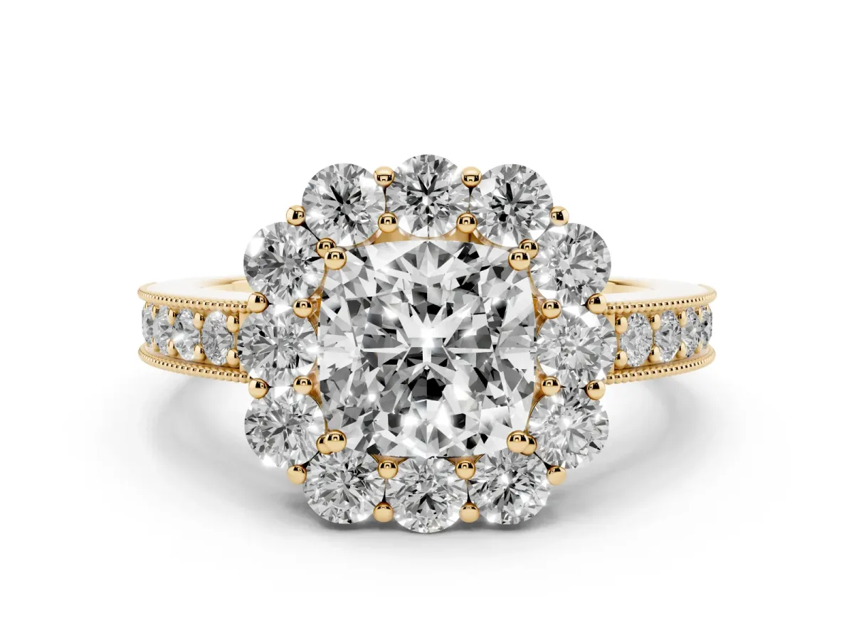 Cushion Cut Cut Halo Diamond Pavé Engagement Ring with Milgrain Detailing Yellow gold