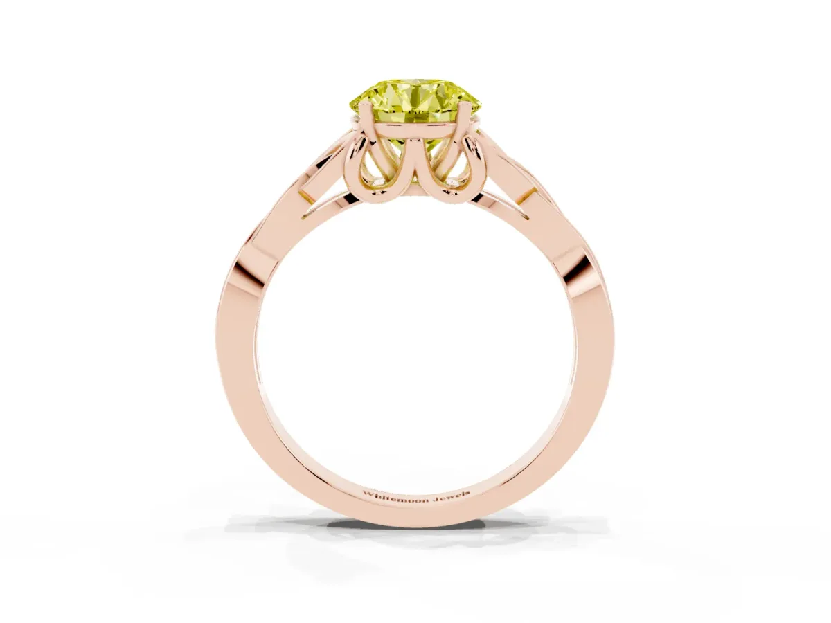 Fancy Yellow Round Cut Diamond Solitaire Engagement Ring with Celtic Knot Band and Four-Prong Setting Rose gold