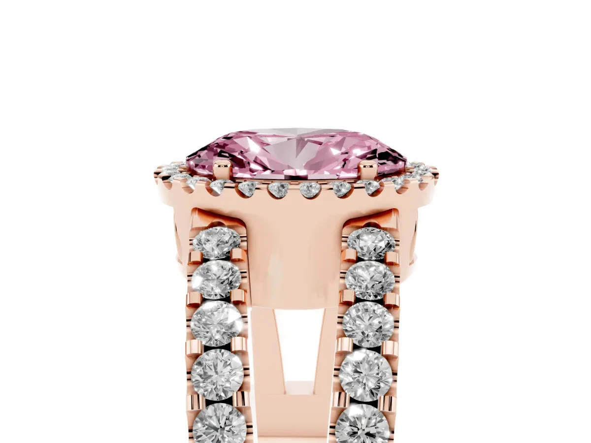 Fancy Pink Oval Cut Cut Halo Split Shank Diamond Ring with Four-Prong Setting Rose gold