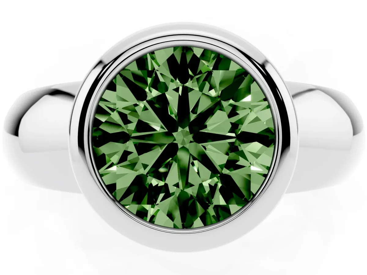 Fancy Green Bezel Set Round Cut Solitaire Ring with Wide Band Silver