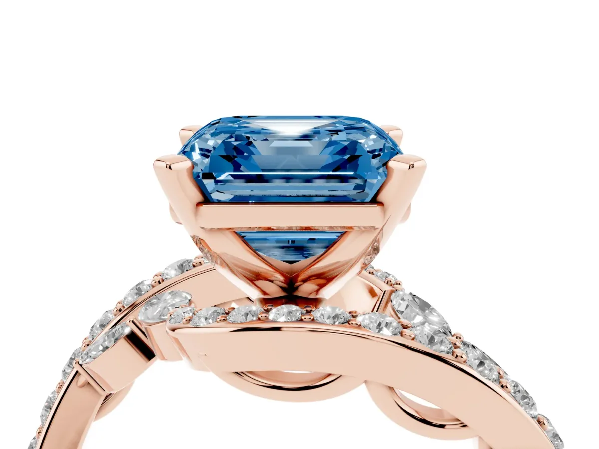 Fancy Blue Asscher Cut Solitaire with Pavé Twist Band and Four-Prong Setting Rose gold