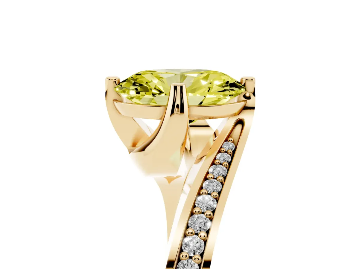 Fancy Yellow Oval Cut Solitaire Diamond Twist Band with Pavé Setting and Four-Prong Setting Yellow gold