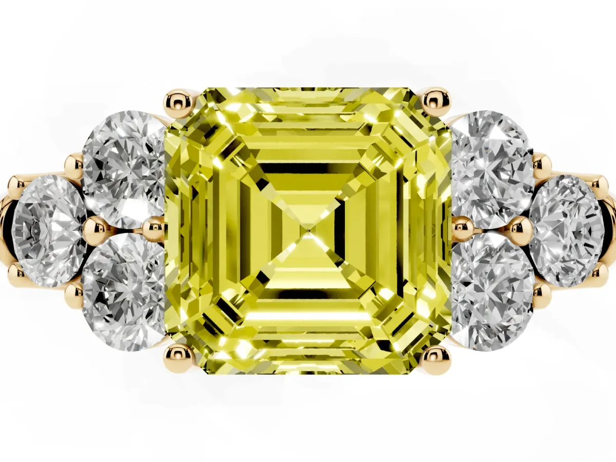 Fancy Yellow Asscher Cut Cut Diamond Cluster Ring with Round Accent Stones and Prong Setting on a Classic Band Yellow gold