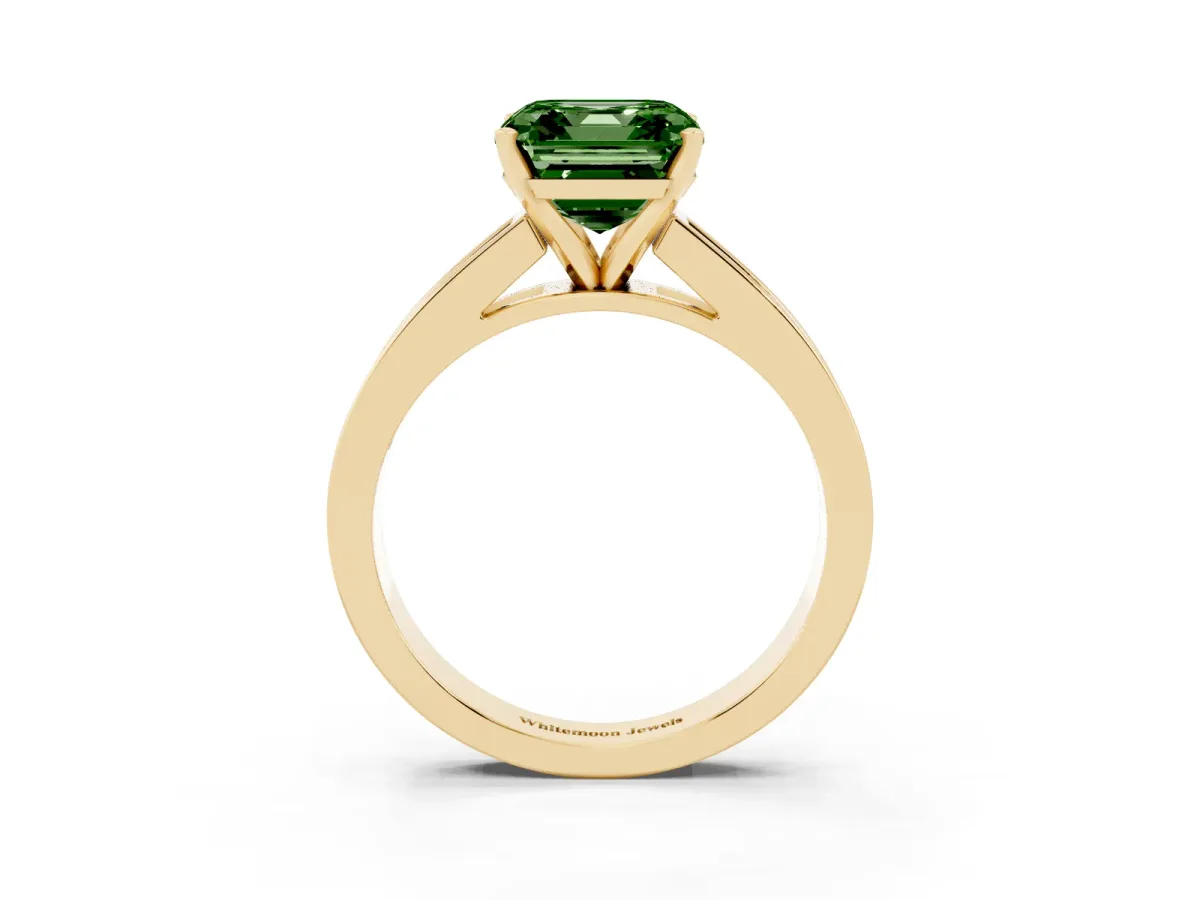 Fancy Green Asscher Cut Solitaire Diamond Ring with Channel-Set Band and Four-Prong Setting Yellow gold
