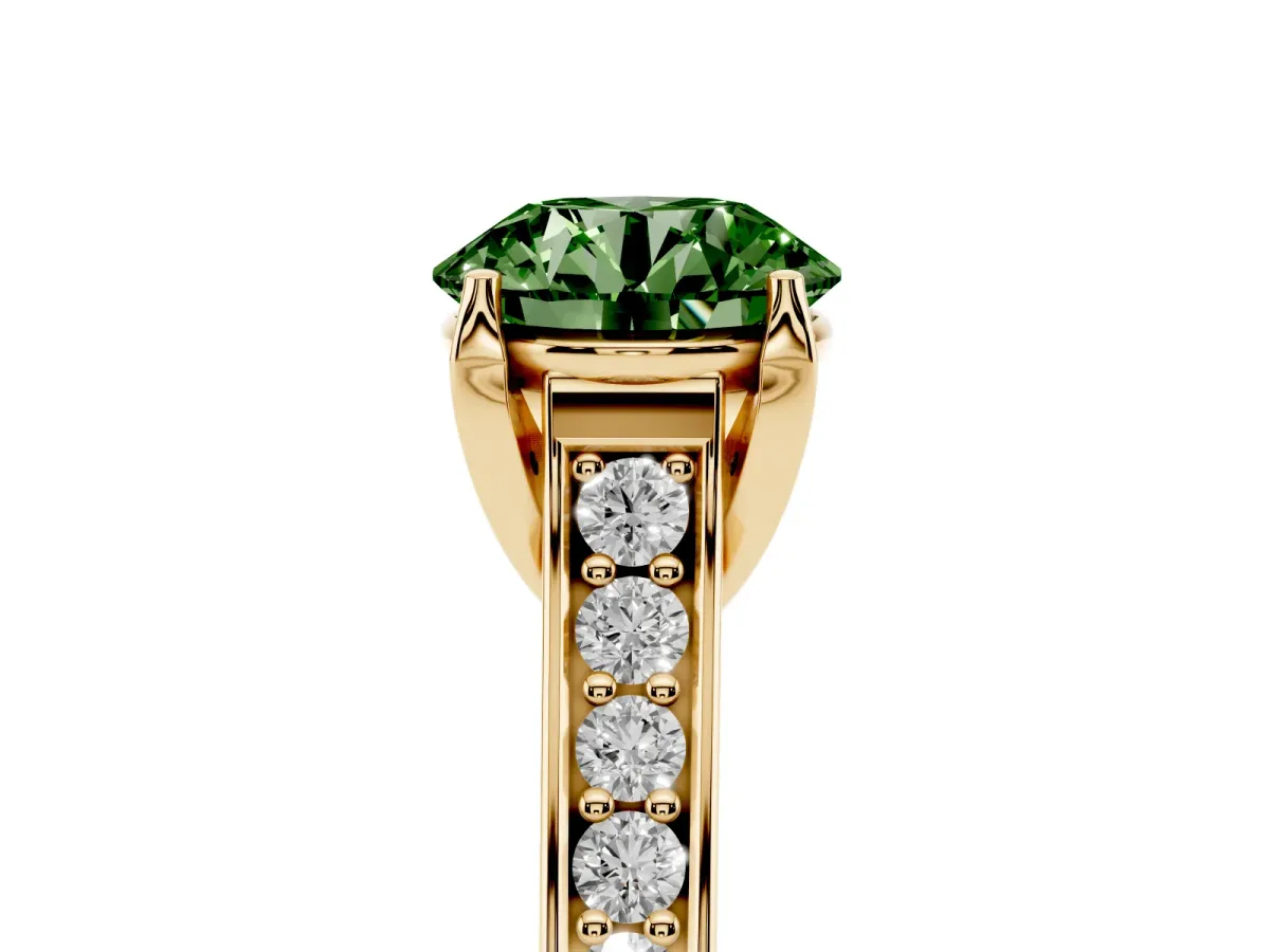 Fancy Green Round Cut Brilliant Cut Diamond Engagement Ring with Pavé Band and Four-Prong Setting Yellow gold