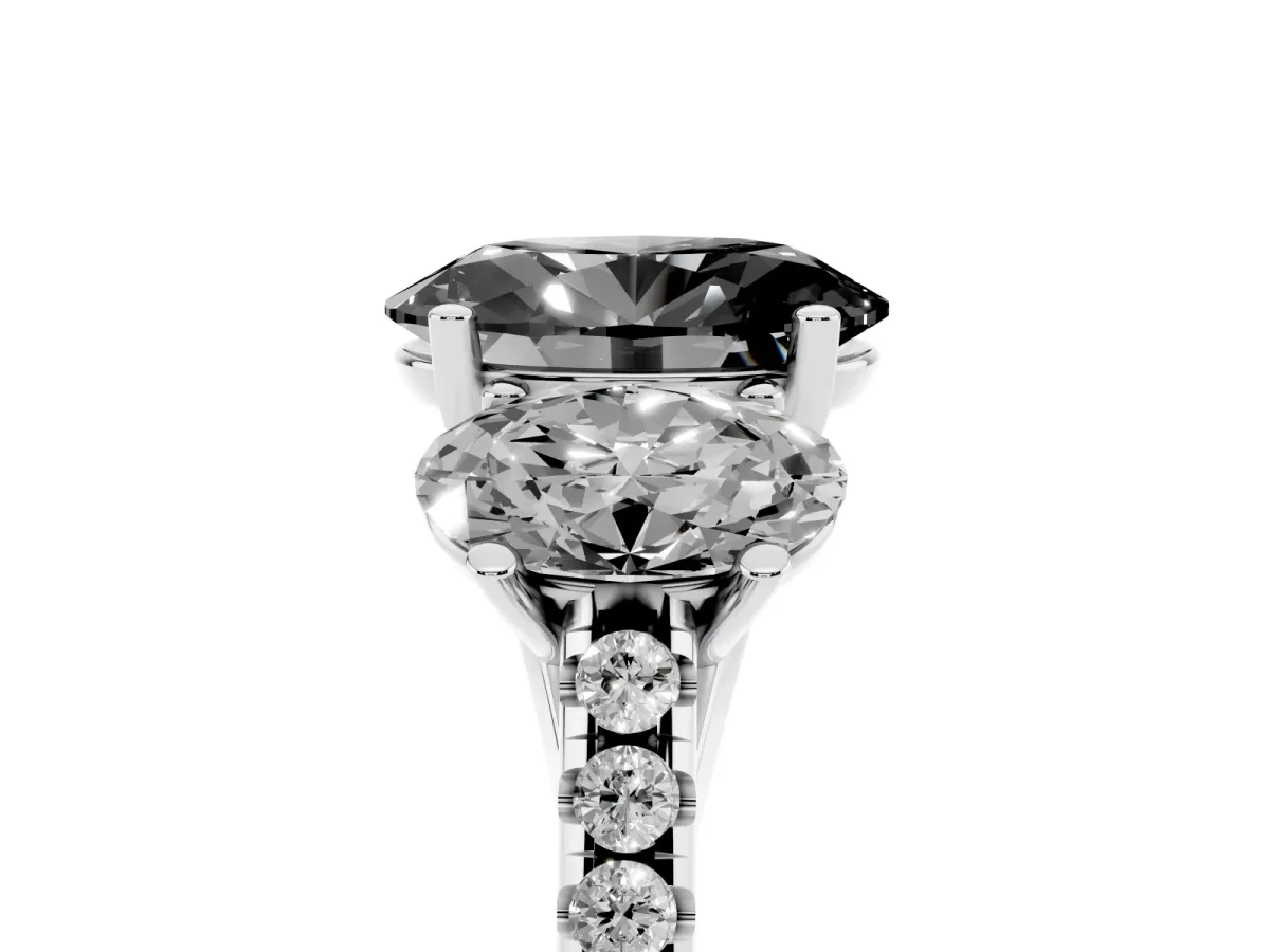 Fancy Black Three-Stone Oval Cut Diamond Ring with Round Pavé Band and Prong Setting Silver