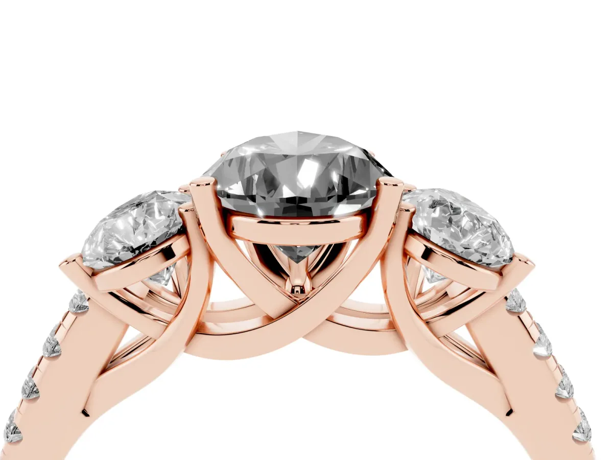 Fancy Black Three-Stone Pear Cut Diamond Ring with Round Pavé Band and Prong Setting Rose gold