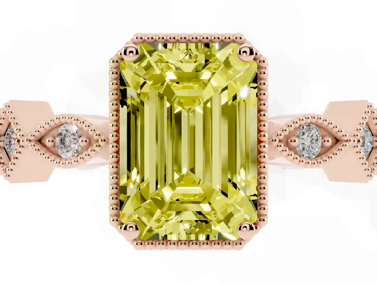 Fancy Yellow Emerald Cut Milgrain Marquise Diamond Twist Band Ring Rose gold