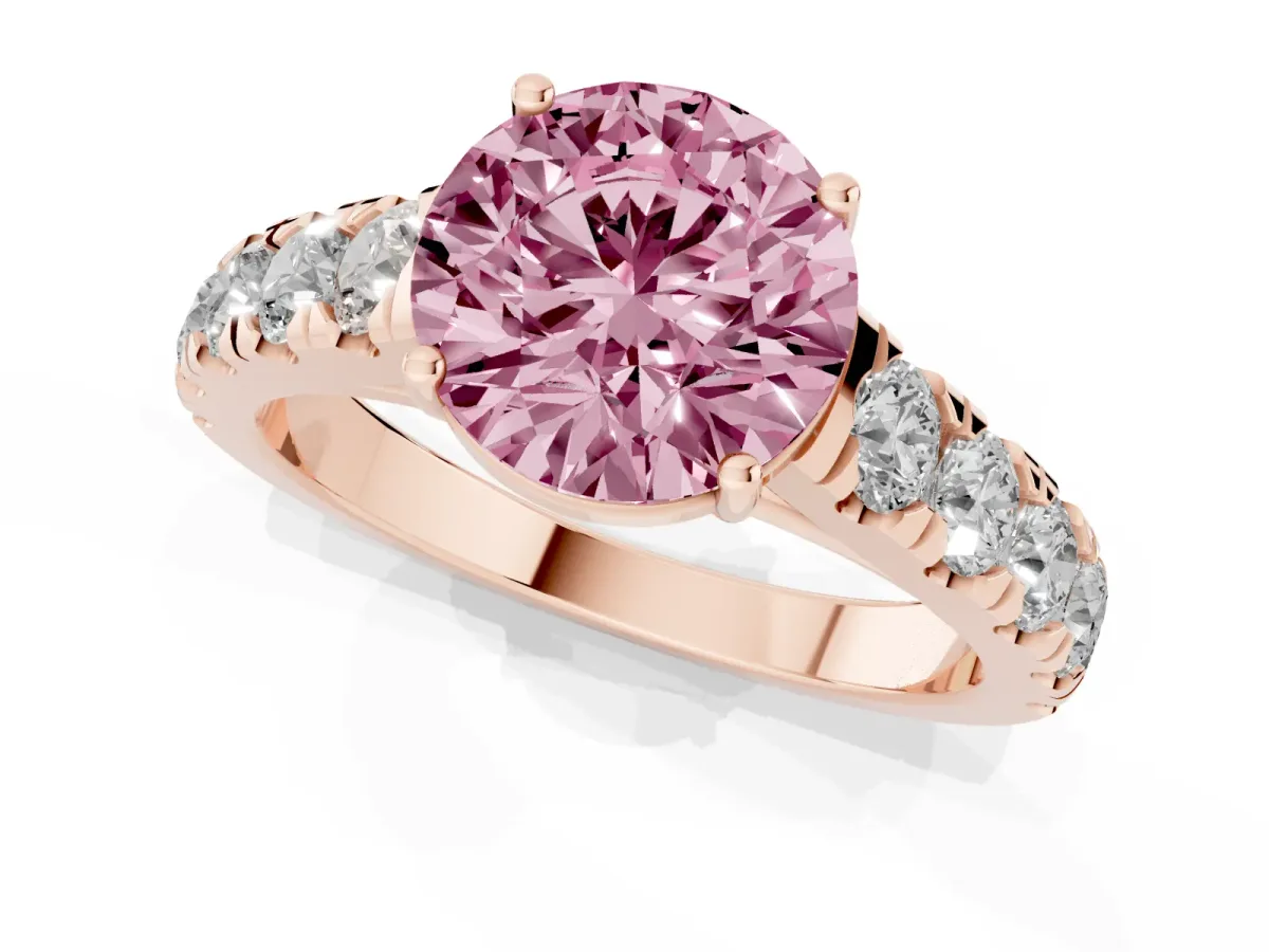 Fancy Pink Round Cut Cut Diamond Solitaire Ring with Micro Pave Band and Prong Setting Rose gold