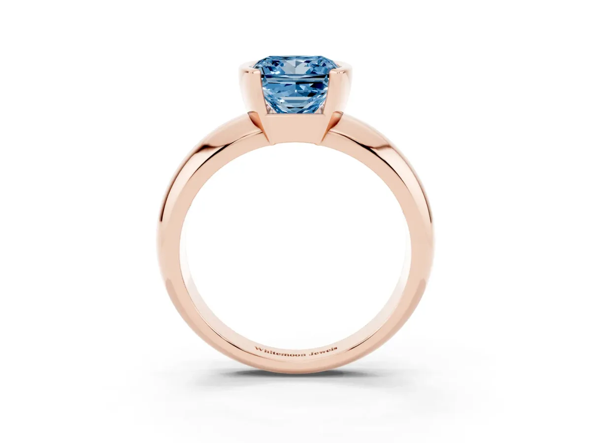 Fancy Blue Princess Cut Solitaire Tension Set Diamond Ring with Wide Band Rose gold
