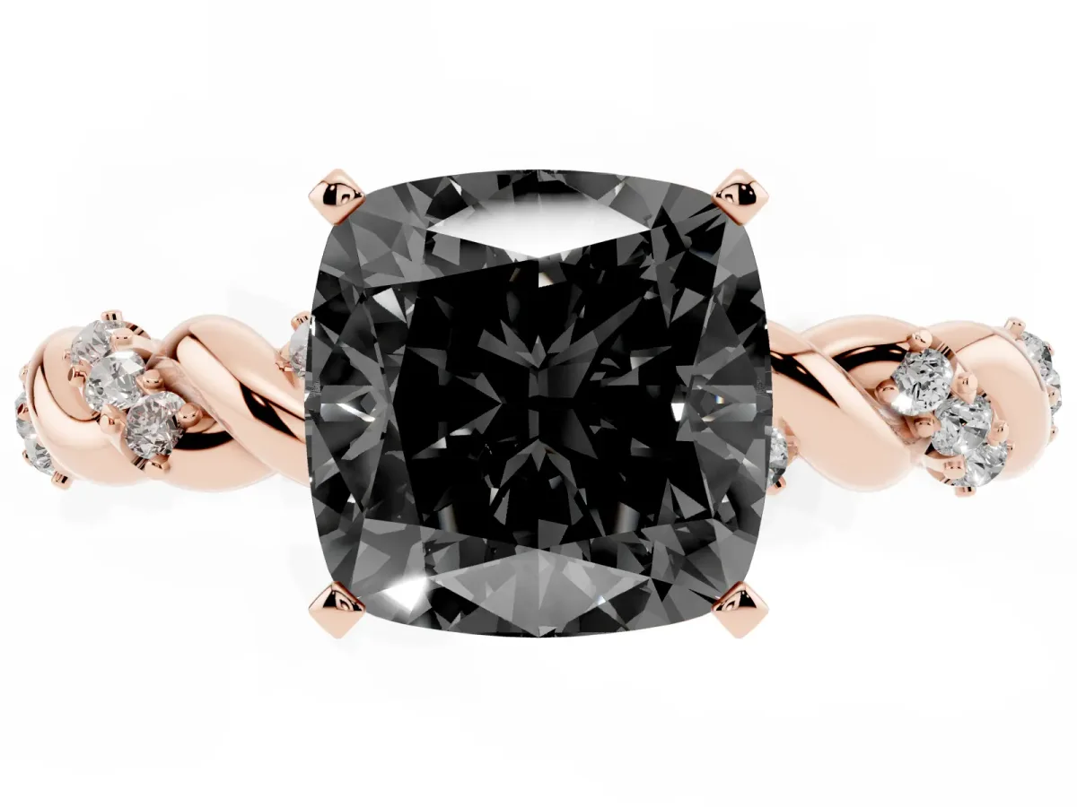 Fancy Black Cushion Cut Diamond Solitaire Ring with Twisted Band and Pavé Accents Rose gold