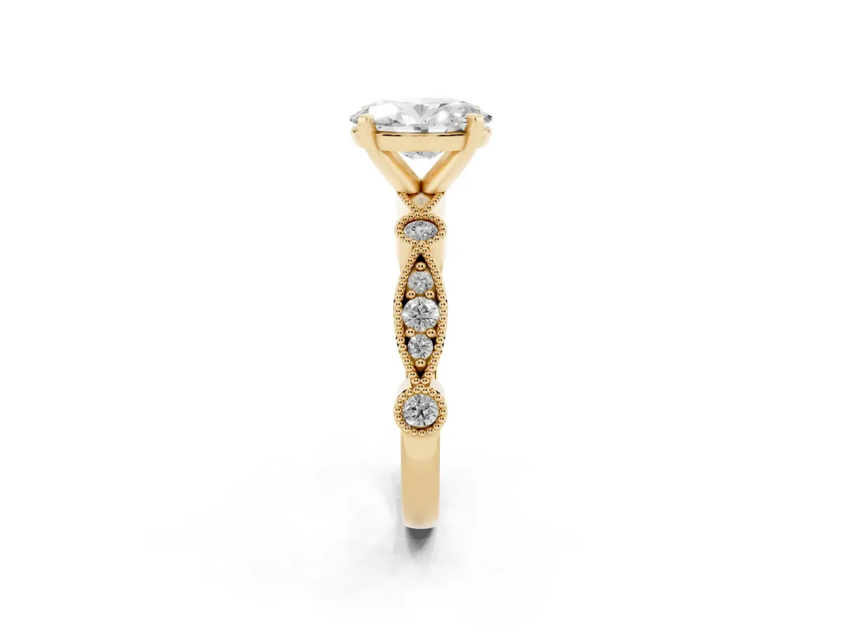 Oval Cut Milgrain Bezel Diamond Engagement Ring with Solitaire Prong Setting Yellow gold