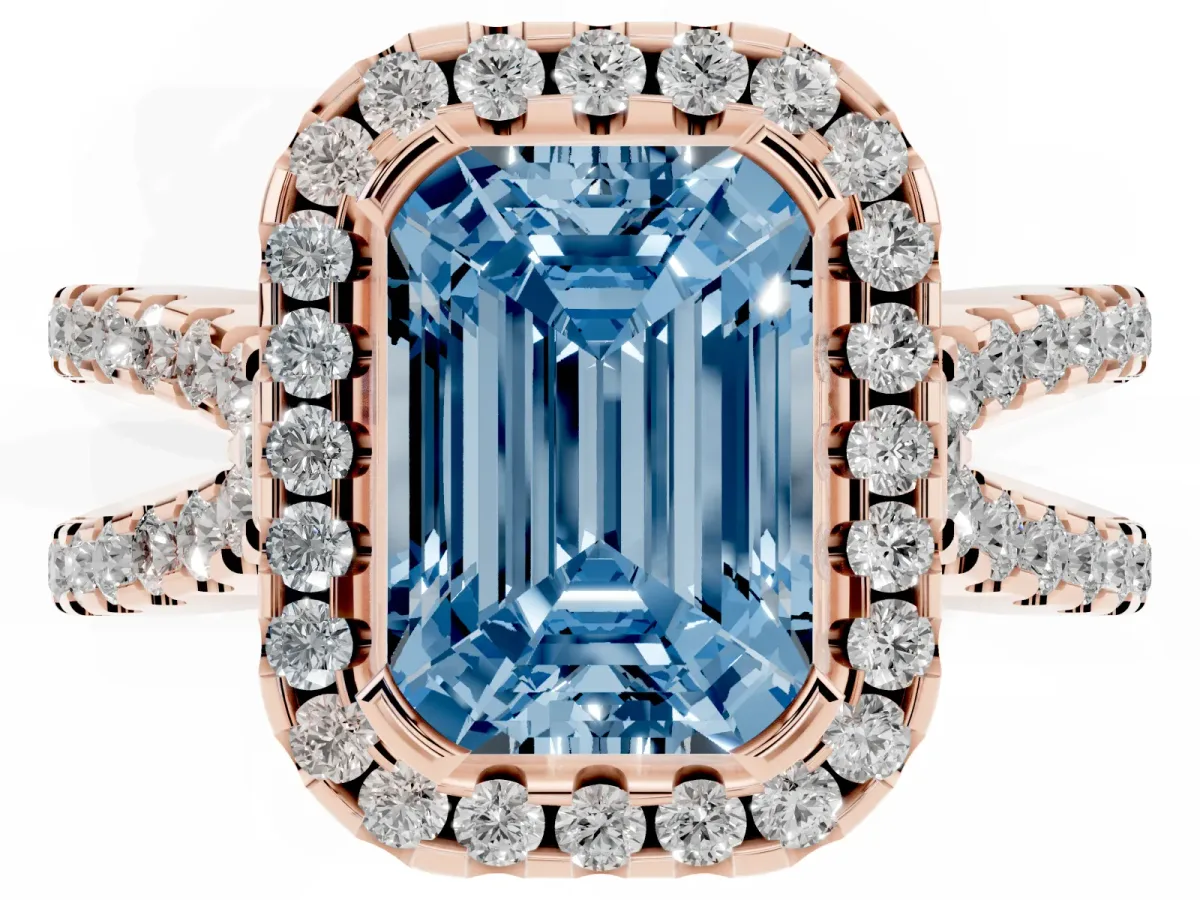 Fancy Blue Emerald Cut Diamond Halo Ring with Split Shank Pavé Band and Prong Setting Rose gold