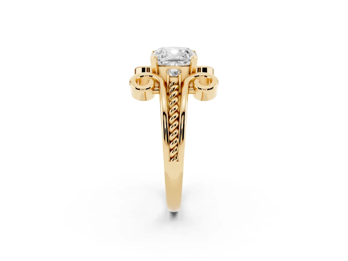 Cushion Cut Solitaire Twisted Band Scroll Prong Ring Yellow gold