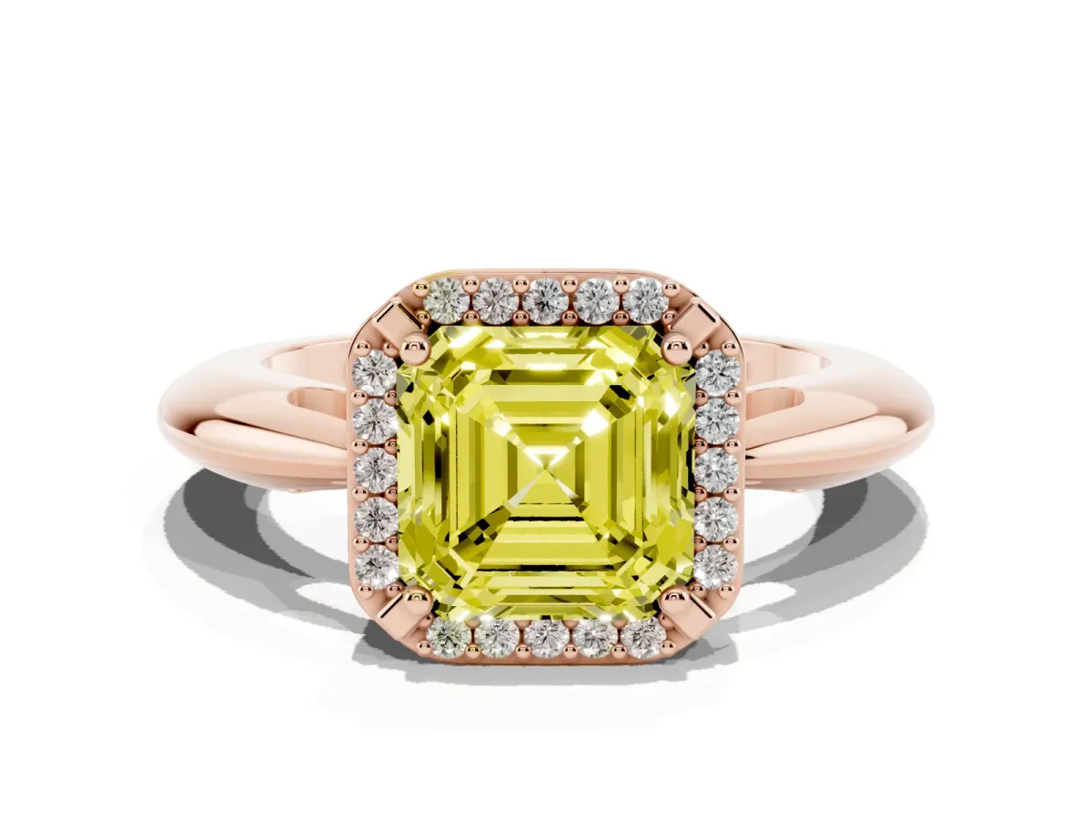Fancy Yellow Asscher Cut Cut Diamond Halo Engagement Ring with Split Shank and Four-Prong Setting Rose gold