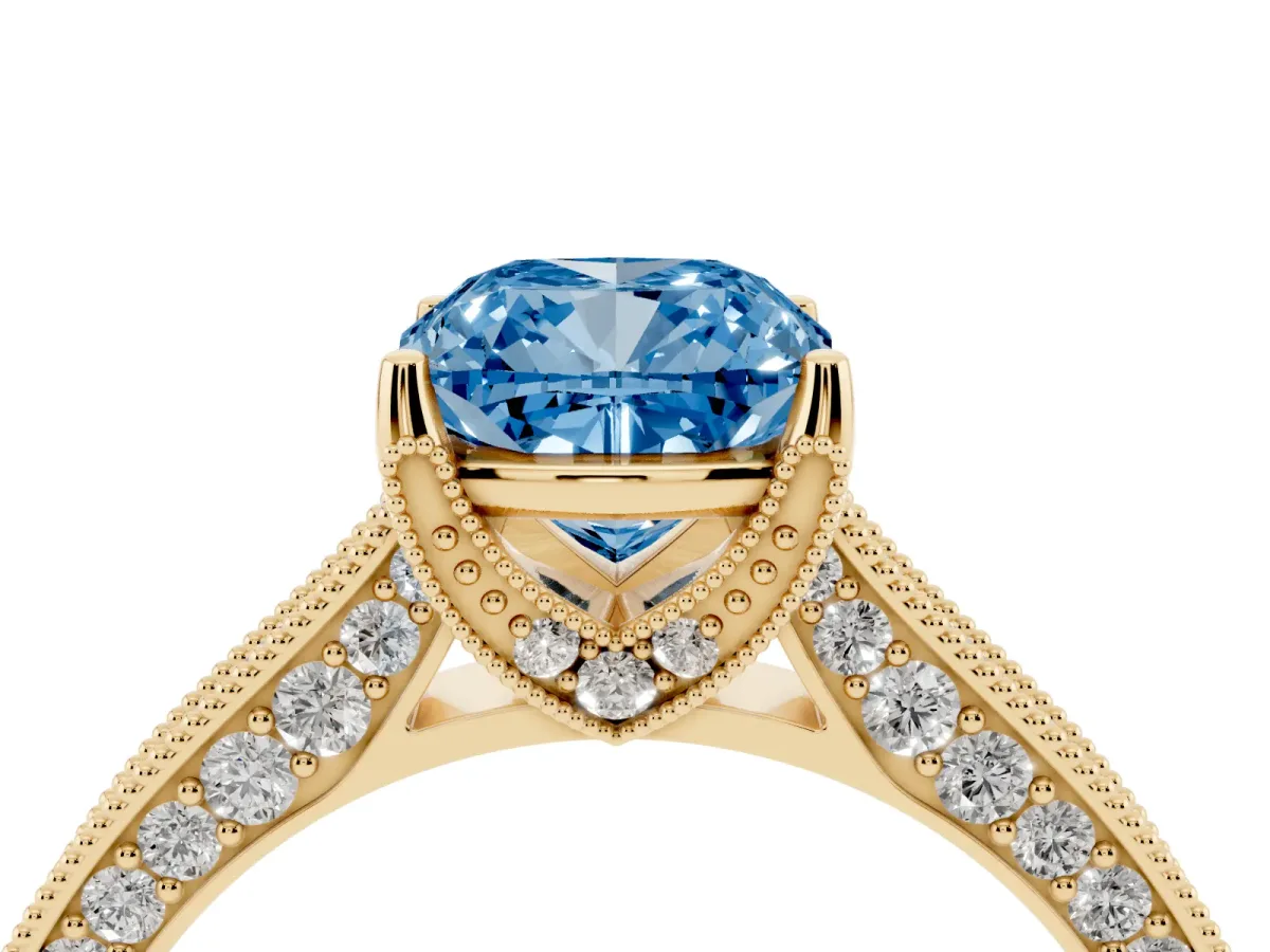 Fancy Blue Cushion Cut Cut Diamond Solitaire Ring with Milgrain Pave Band and Four Prong Setting Yellow gold