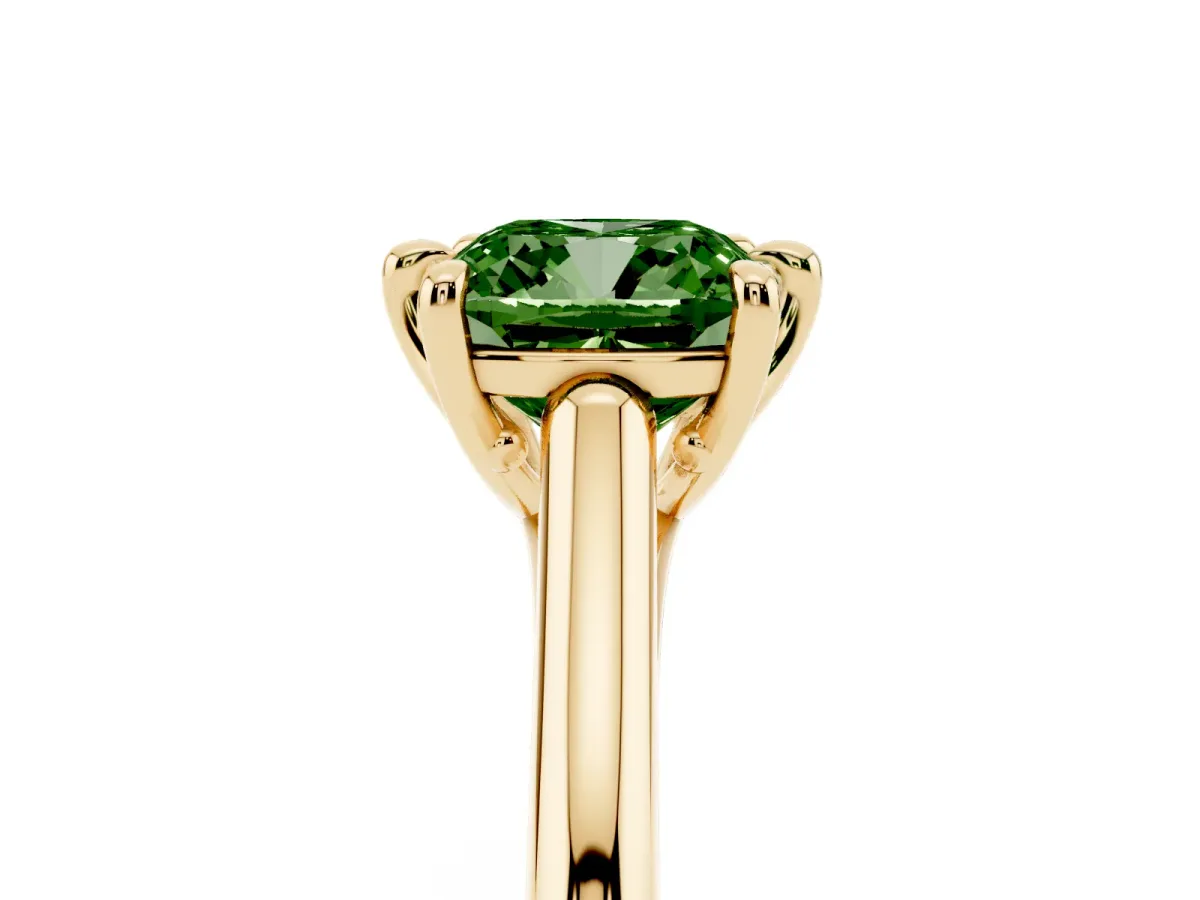 Fancy Green Cushion Cut Solitaire Engagement Ring with Six-Prong Setting and Classic Band Yellow gold