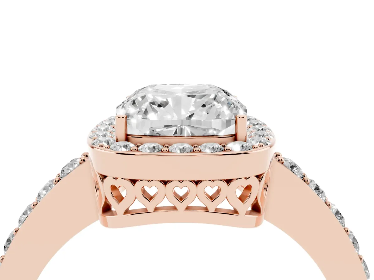 Cushion Cut Halo Diamond Pavé Band Ring with Prong Setting Rose gold