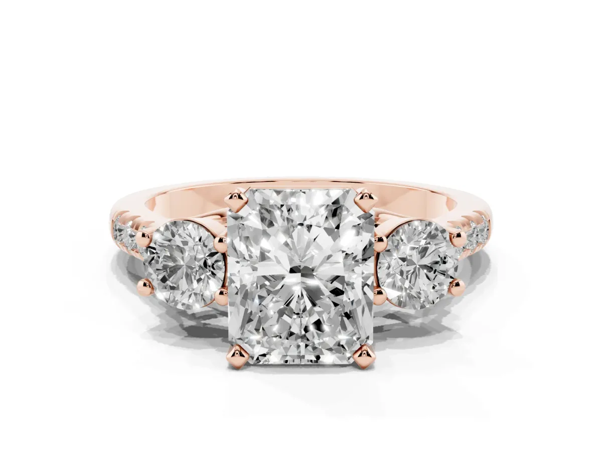 Three-Stone Radiant Cut Diamond Pavé Band with Four-Prong Setting Rose gold
