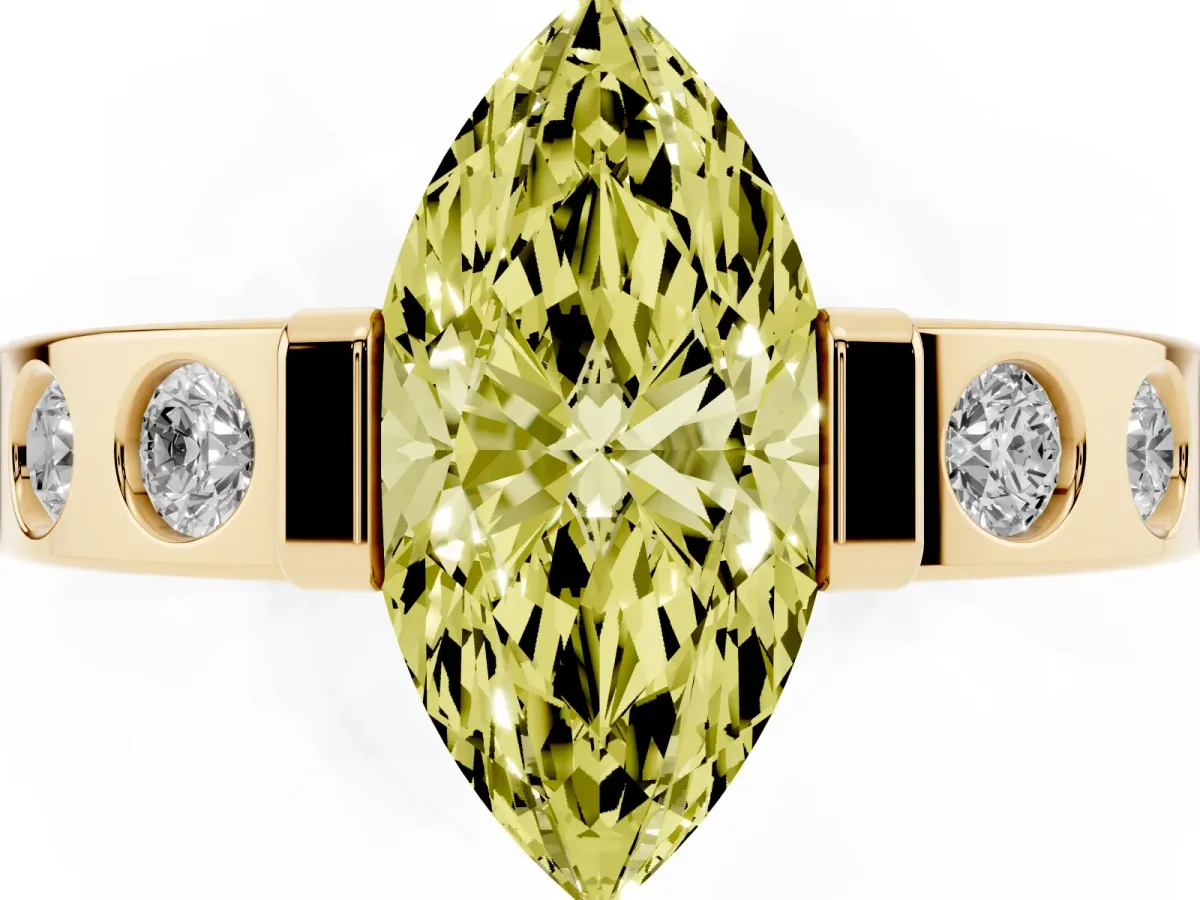 Fancy Yellow Marquise Cut Brilliant Channel-Set Diamond Ring with Bezel Prong Setting Yellow gold