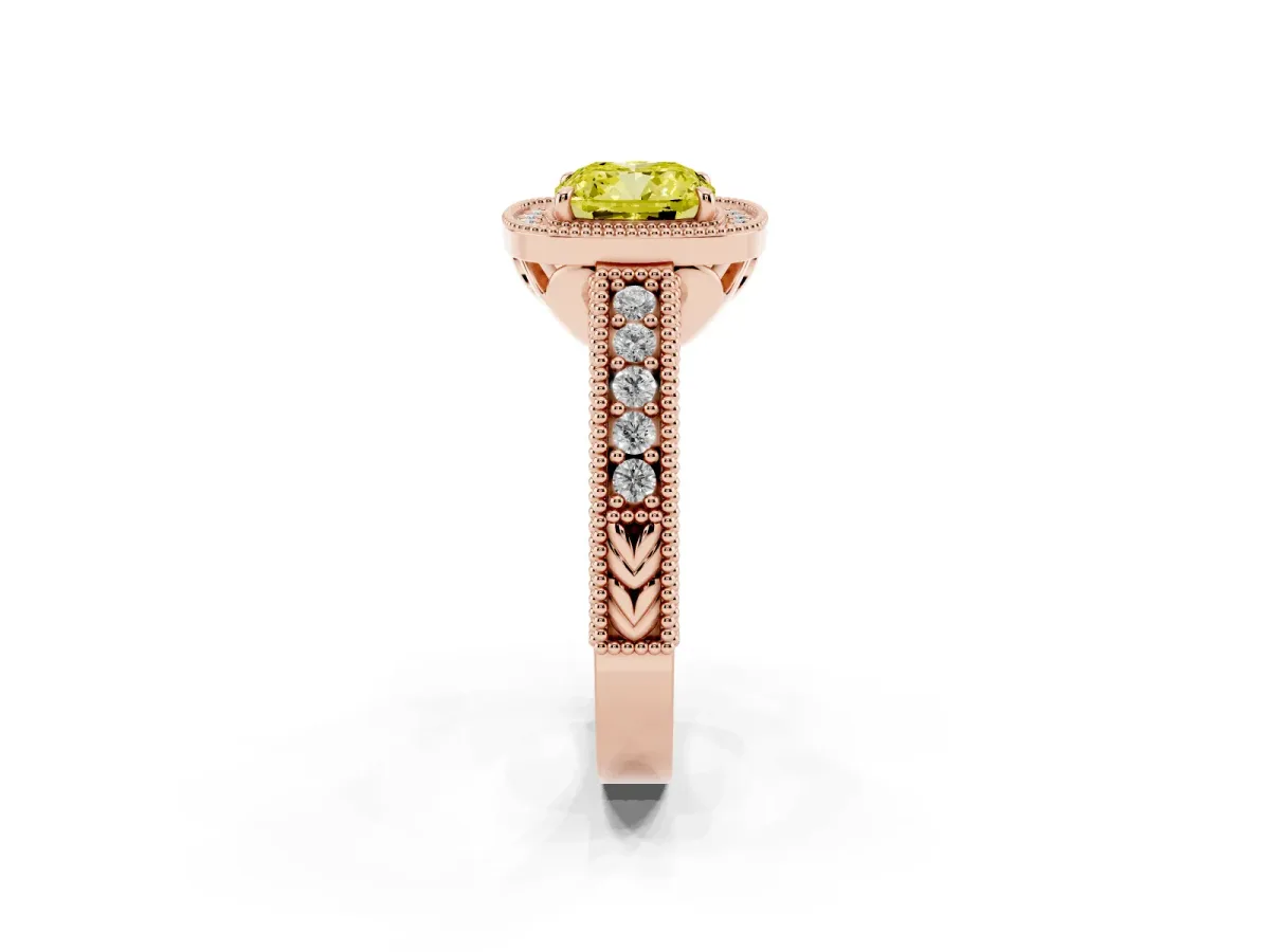 Fancy Yellow Cushion Cut Cut Halo Diamond Ring with Pavé Band and Four-Prong Setting Rose gold
