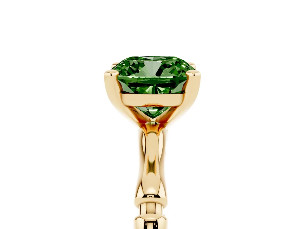 Fancy Green Cushion Cut Solitaire Diamond Ring with Bamboo Band and Four-Prong Setting Yellow gold
