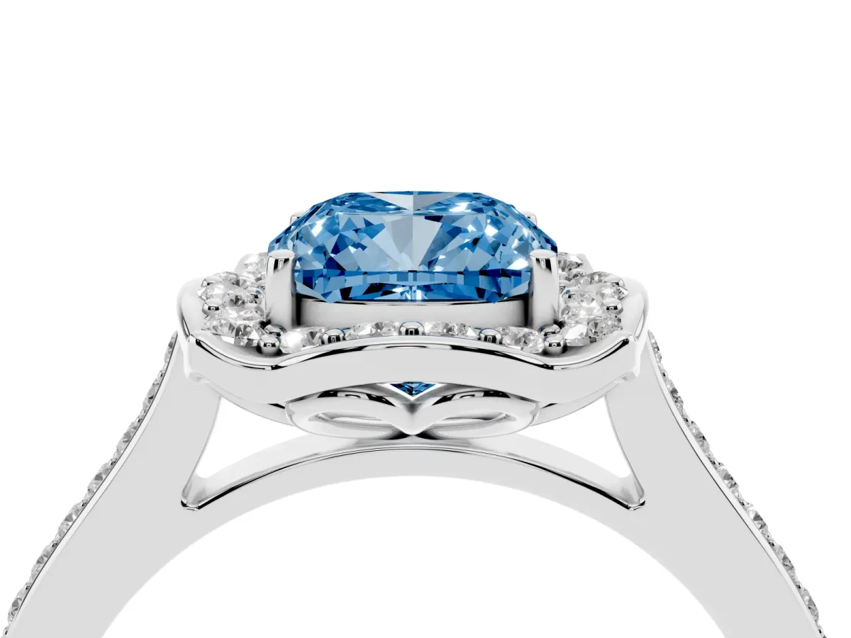 Fancy Blue Cushion Cut Halo Round Diamond Pave Band with Four-Prong Setting Platinum
