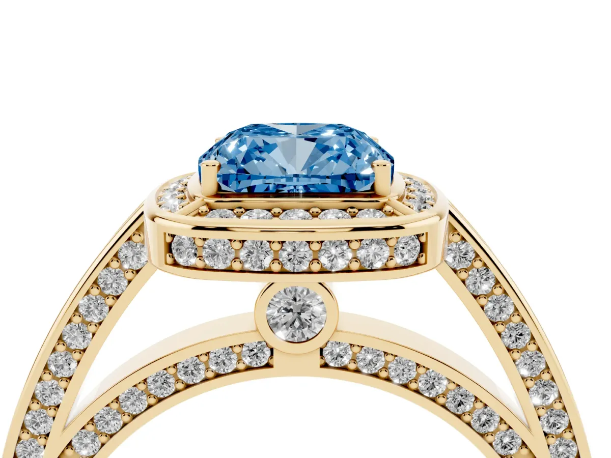 Fancy Blue Cushion Cut Cut Halo Pave Split Shank Prong Setting Ring Yellow gold