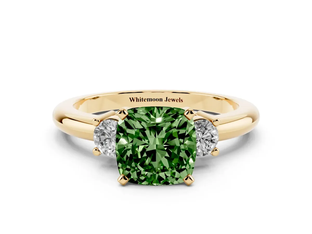 Fancy Green Three-Stone Cushion Cut Cut Diamond Solitaire with Prong Setting and Classic Band Yellow gold