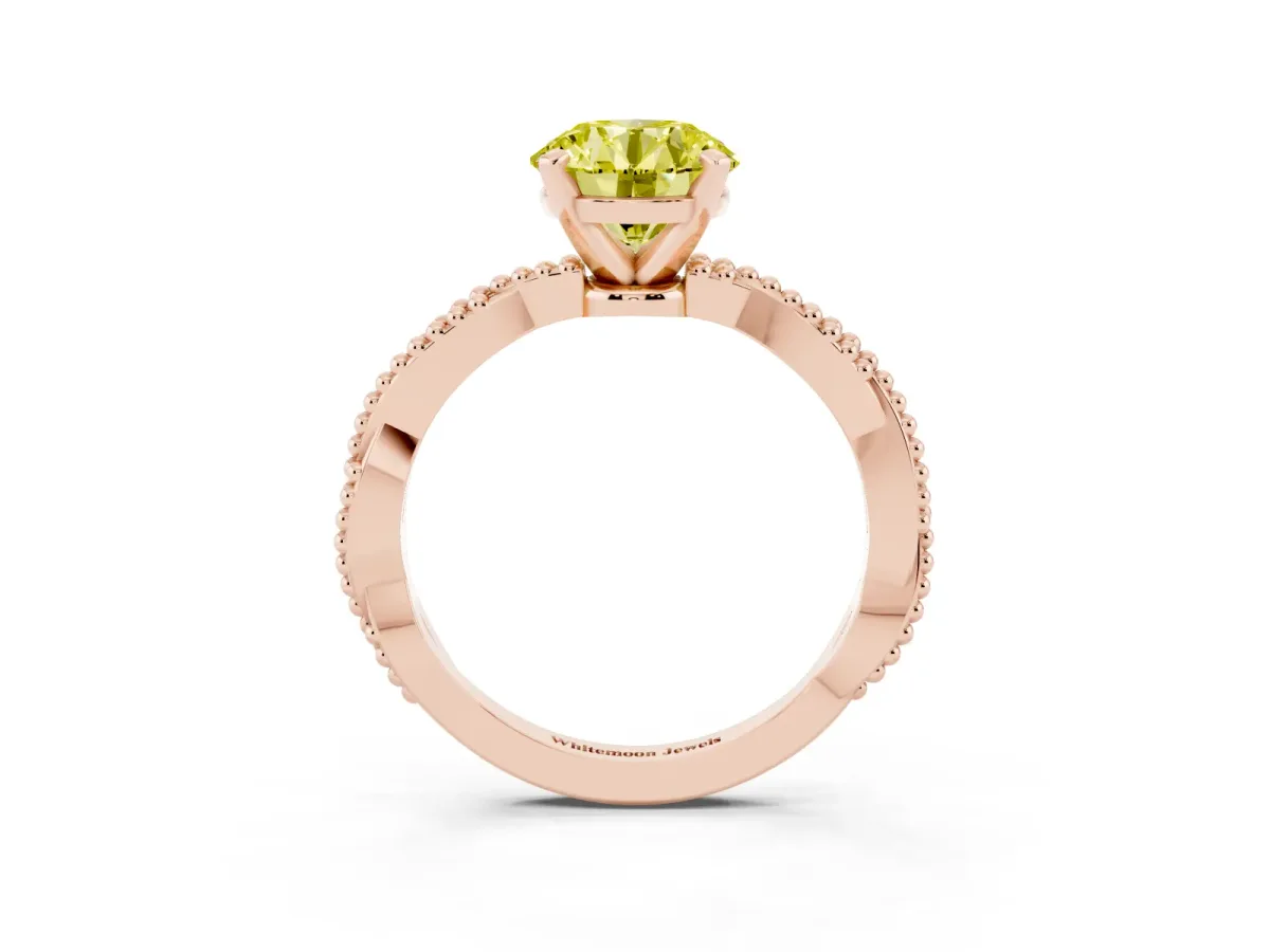 Fancy Yellow Round Cut Solitaire Twisted Band with Bead Prong Setting Rose gold