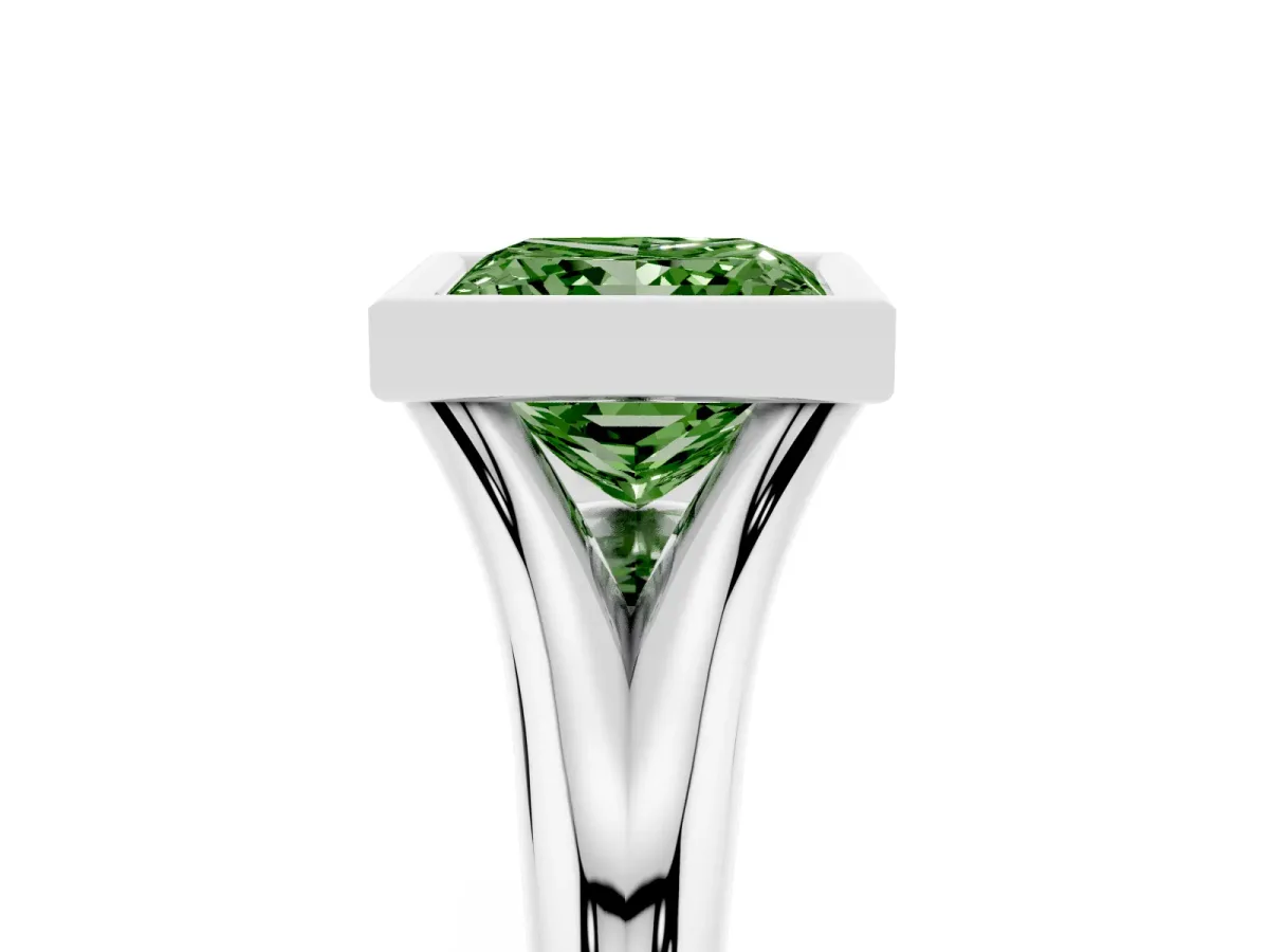 Fancy Green Bezel Set Princess Cut Solitaire Diamond Ring with Smooth Band Platinum