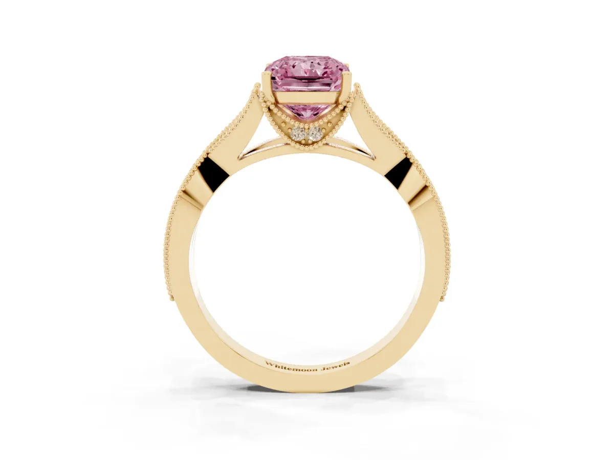 Fancy Pink Radiant Cut Cut Diamond Twisted Band with Milgrain Pave Setting and Four-Prong Setting Yellow gold