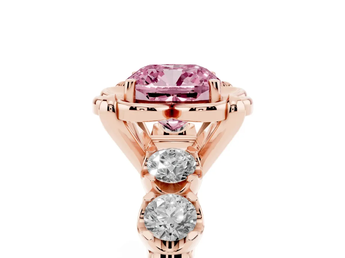 Fancy Pink Cushion Cut Cut Diamond Floral Halo Engagement Ring with Shared Prong Setting Rose gold