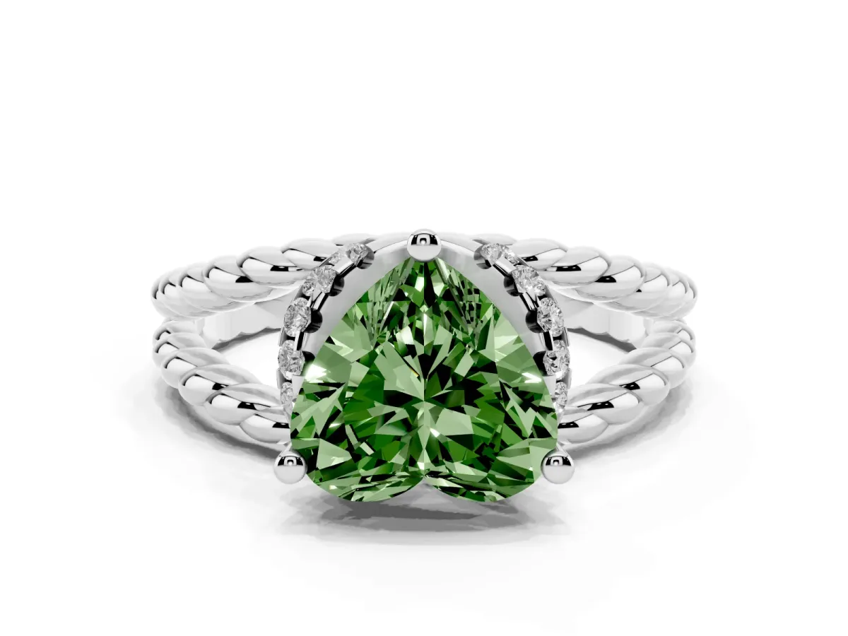 Fancy Green Heart Cut Halo Twisted Band Four-Prong Ring Silver