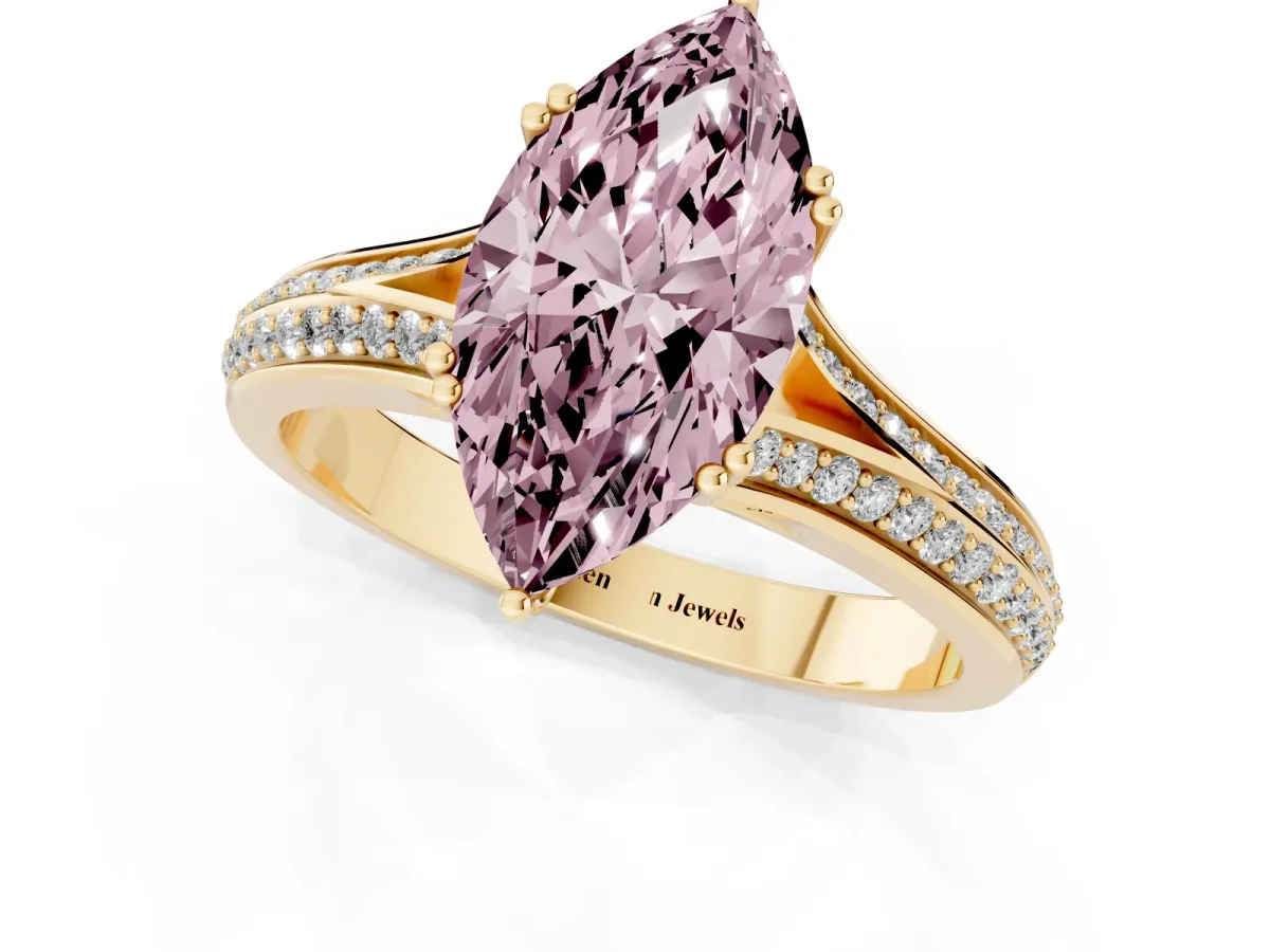 Fancy Pink Marquise Cut Diamond Split Shank Engagement Ring with Pavé Band Yellow gold