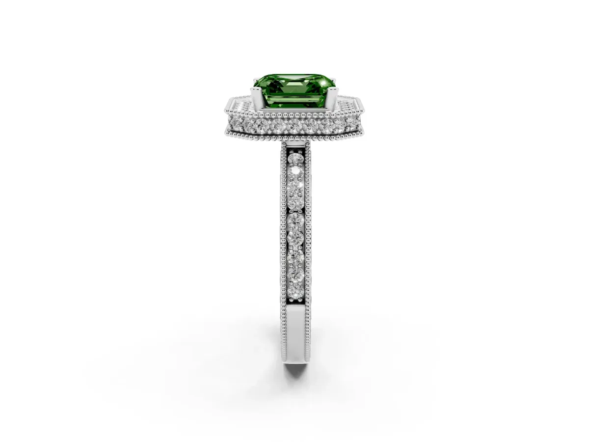 Fancy Green Asscher Cut Diamond Milgrain Halo Engagement Ring with Round Pavé Band and Prong Setting Platinum