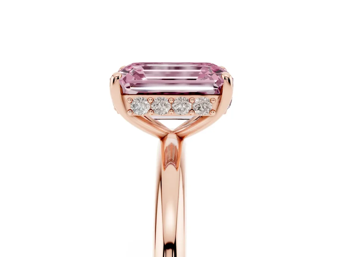 Fancy Pink Emerald Cut Solitaire Diamond Ring with a Classic Band and Four-Prong Setting Rose gold