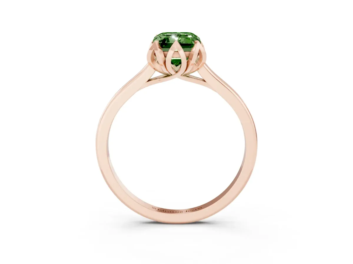 Fancy Green Emerald Cut Diamond Solitaire Ring with Flower Prong Setting and Classic Band Rose gold