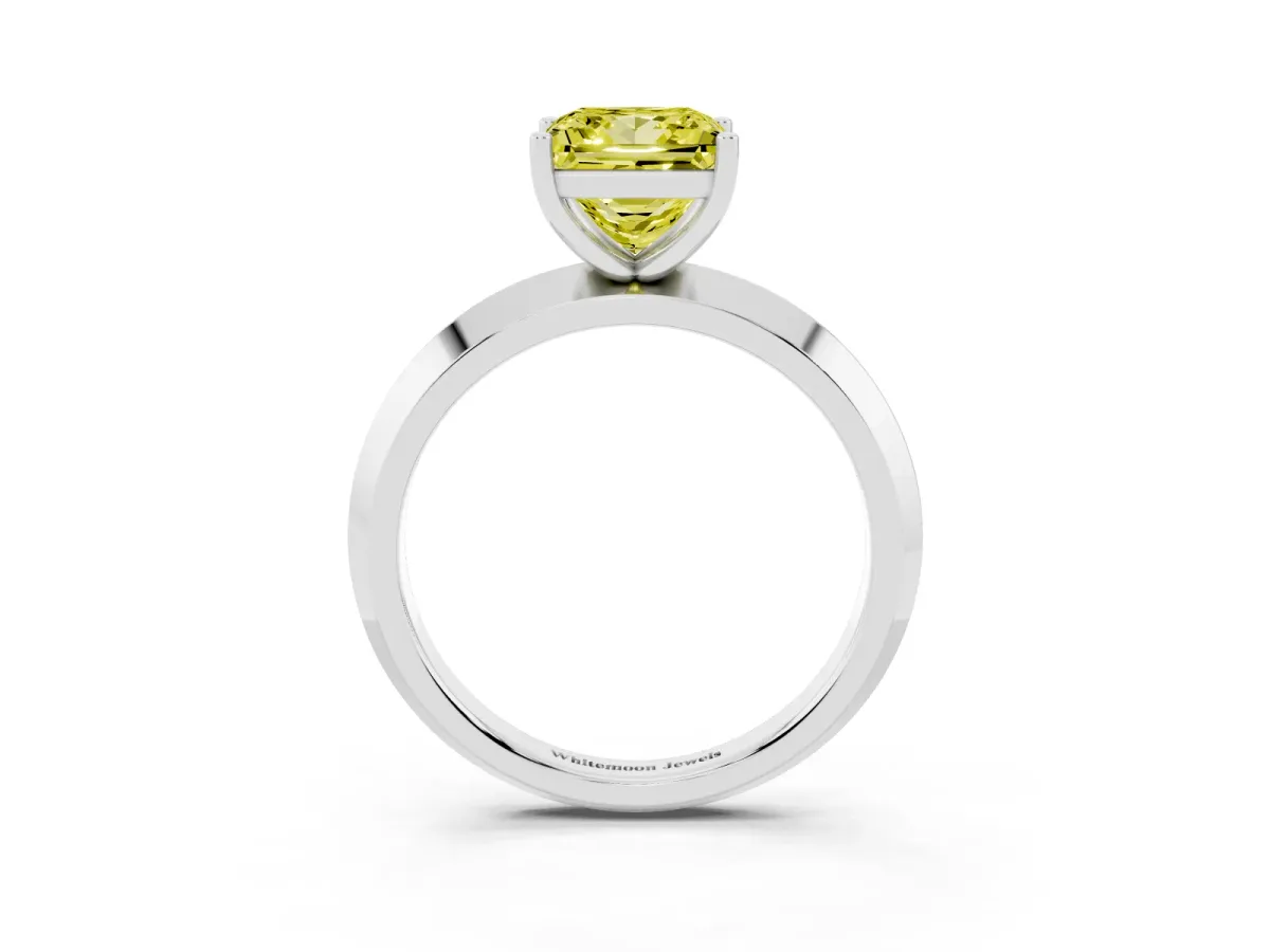 Fancy Yellow Princess Cut Cut Solitaire Engagement Ring with Flat Band and Four-Prong Setting Platinum