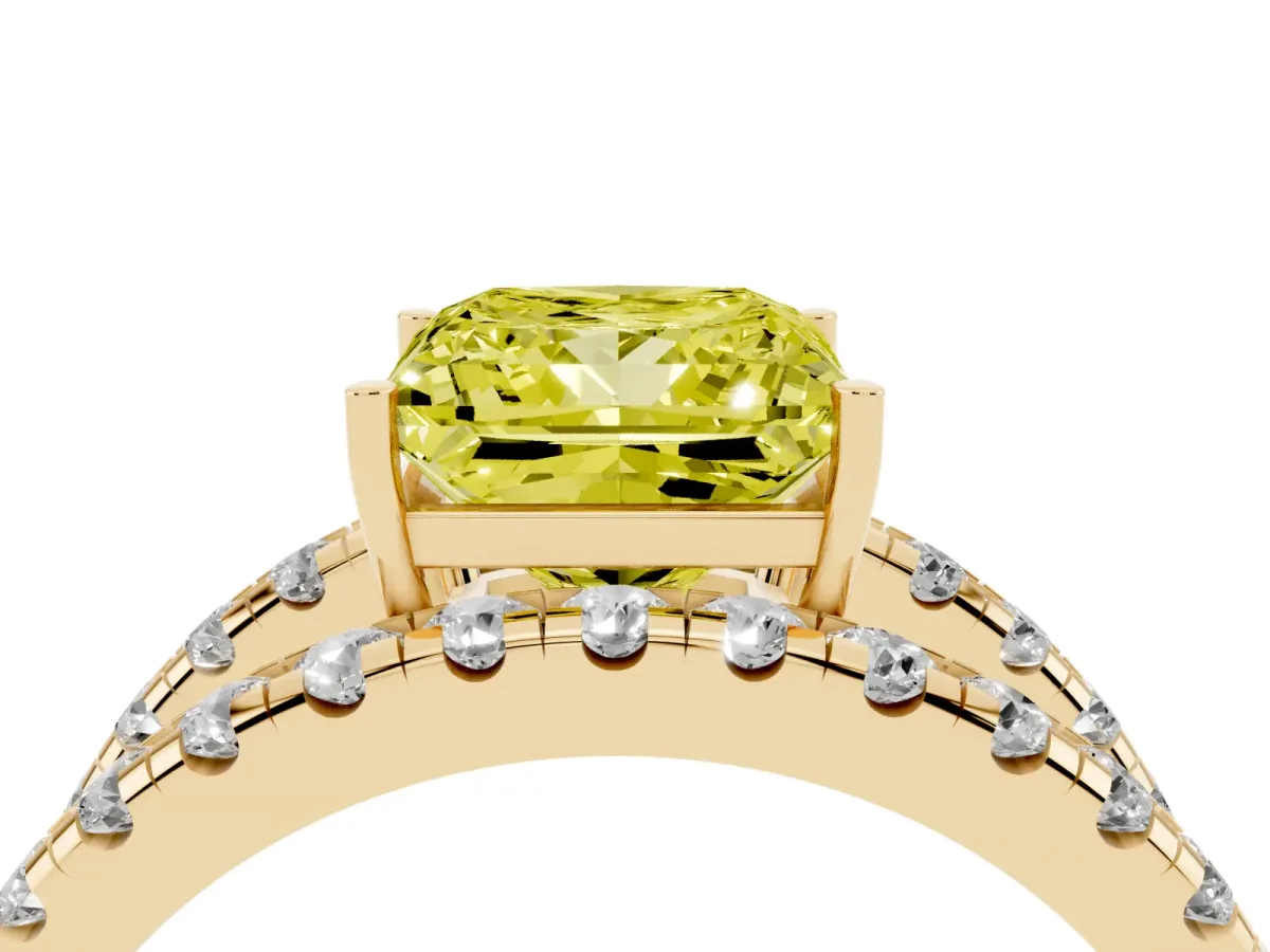 Fancy Yellow Princess Cut Solitaire Split Shank Pave Diamond Ring Yellow gold